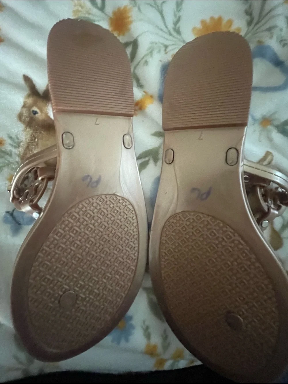 Tory Burch Metallic Rose Gold Logo Thong Sandals